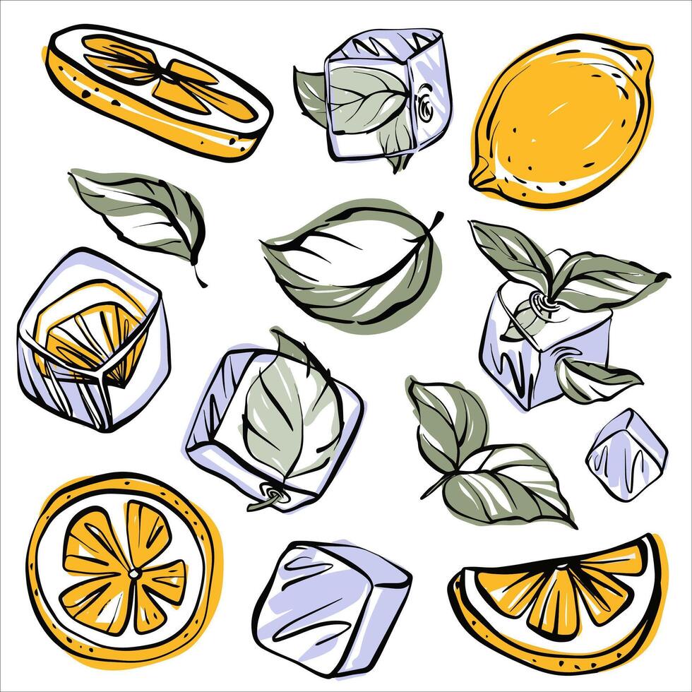 Refreshing summer clipart set with mint leaves, citrus slices, and ice cubes. Hand drawn juicy elements in green and yellow. Perfect for drinks, postcards, and cool food designs. vector