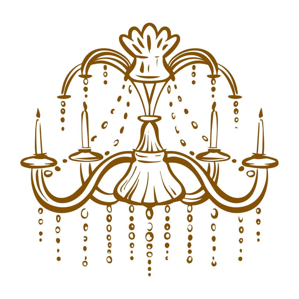 Hand drawn of a classic crystal chandelier. Contour drawing in ornate baroque and rococo style. vector