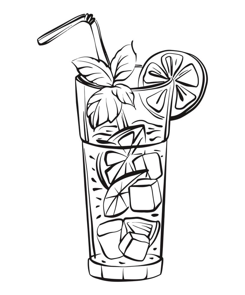 Cold summer beverage in a transparent glass with ice cubes lemon and lime slices and a straw. Citrus fruits and juice splash. Hand drawn illustration doodle style, isolated on white background. vector