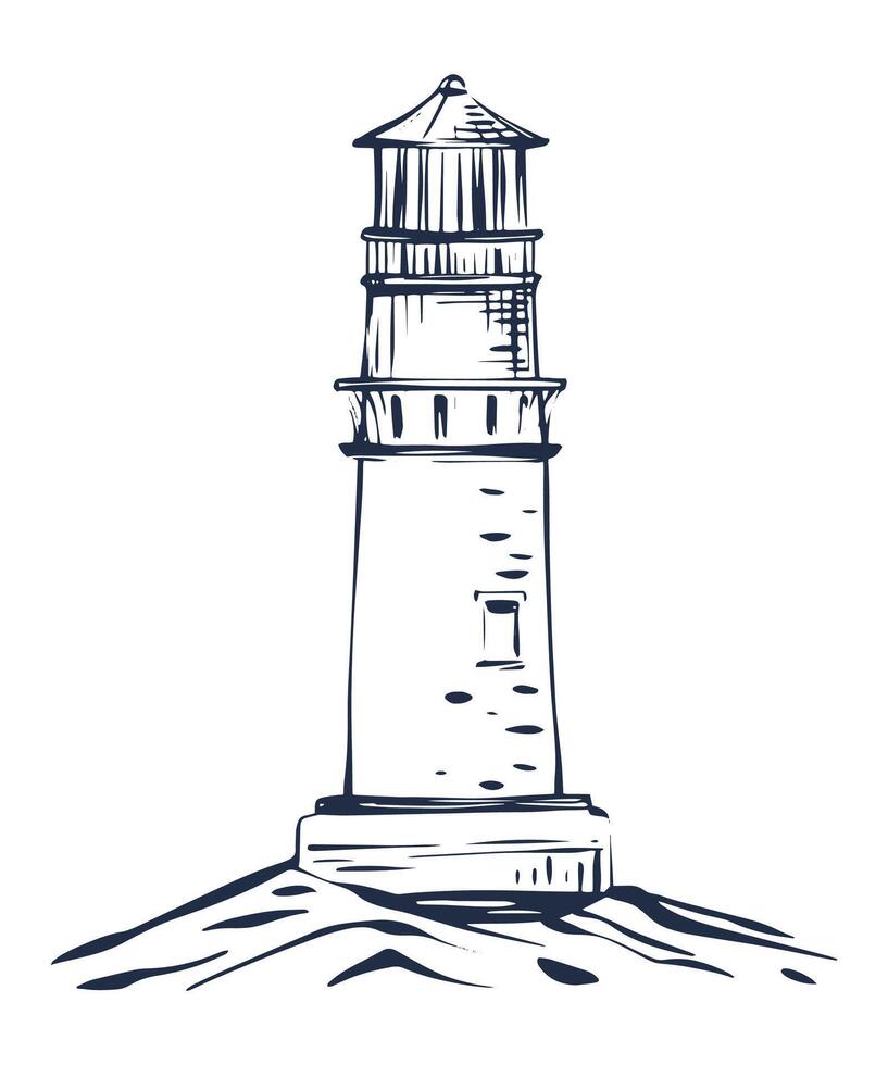 Line art of a lighthouse on the shore. Minimal icon for nautical themes. vector