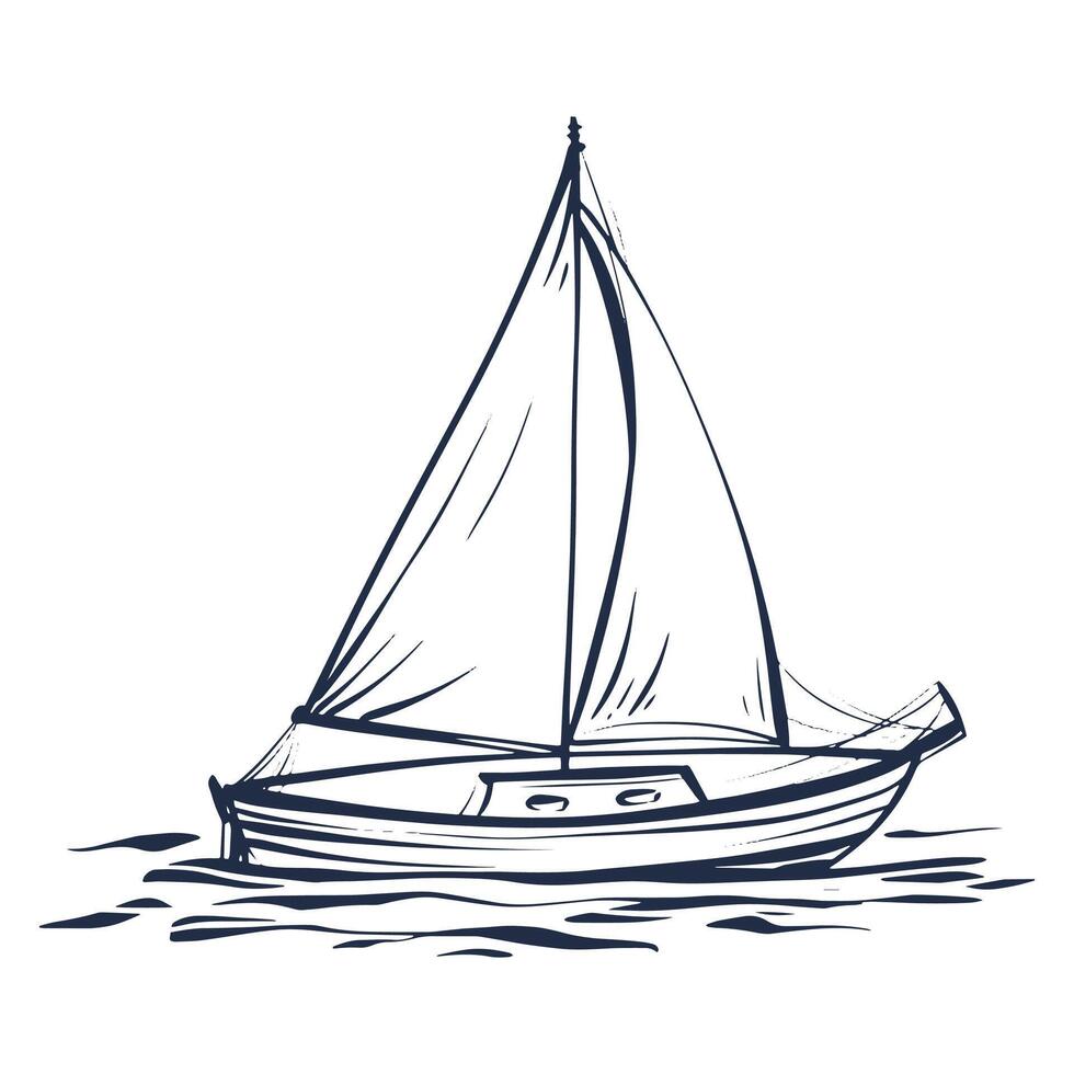 A simple line art illustration of a sailing boat. Features include a mast, sails, and a wave element. Perfect for maritime, nautical, or water-related designs. vector