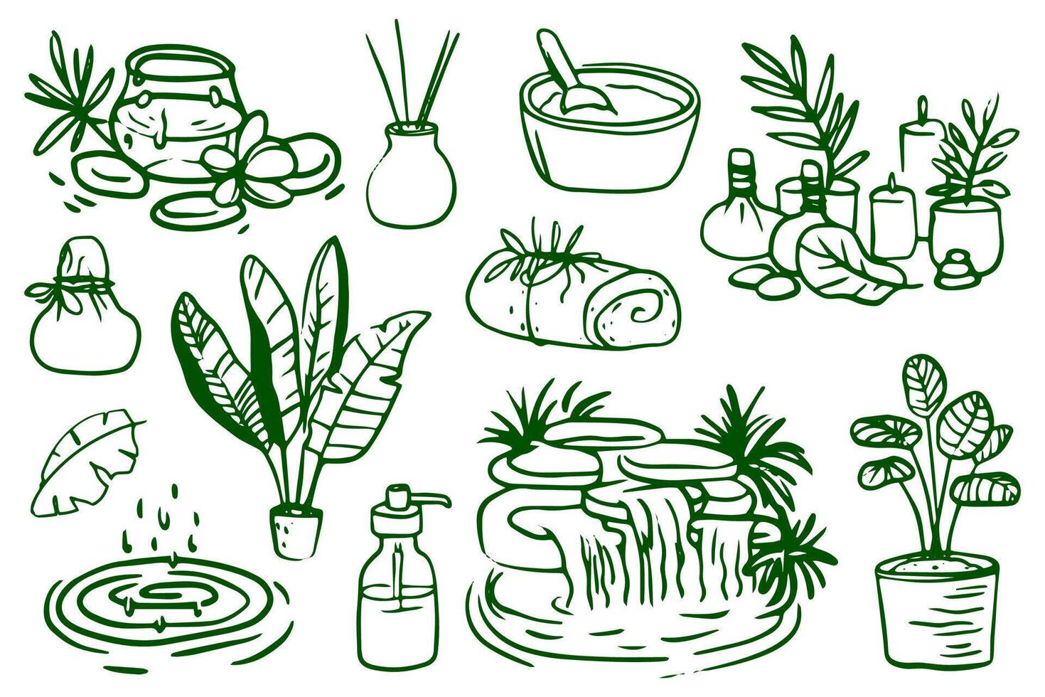 Collection of icons related to spa, wellness, and aromatherapy. Features symbols of massage, skincare, meditation, and herbal treatments. Ideal for health and beauty design projects. vector