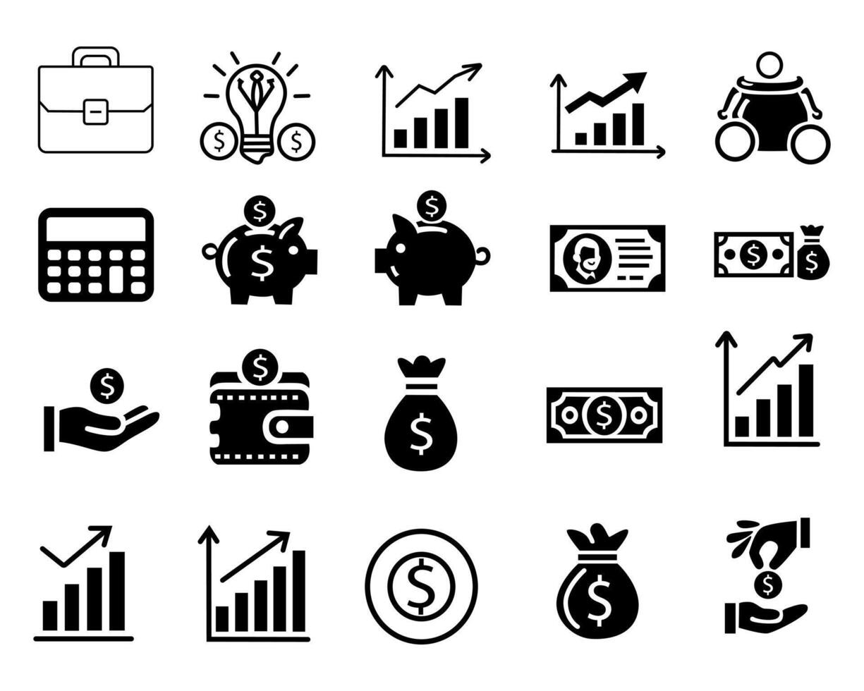 sets of investment-themed solid icons, including symbols like an upward graph, piggy bank, money, and calculator. Perfect for financial presentations, apps, or websites. vector