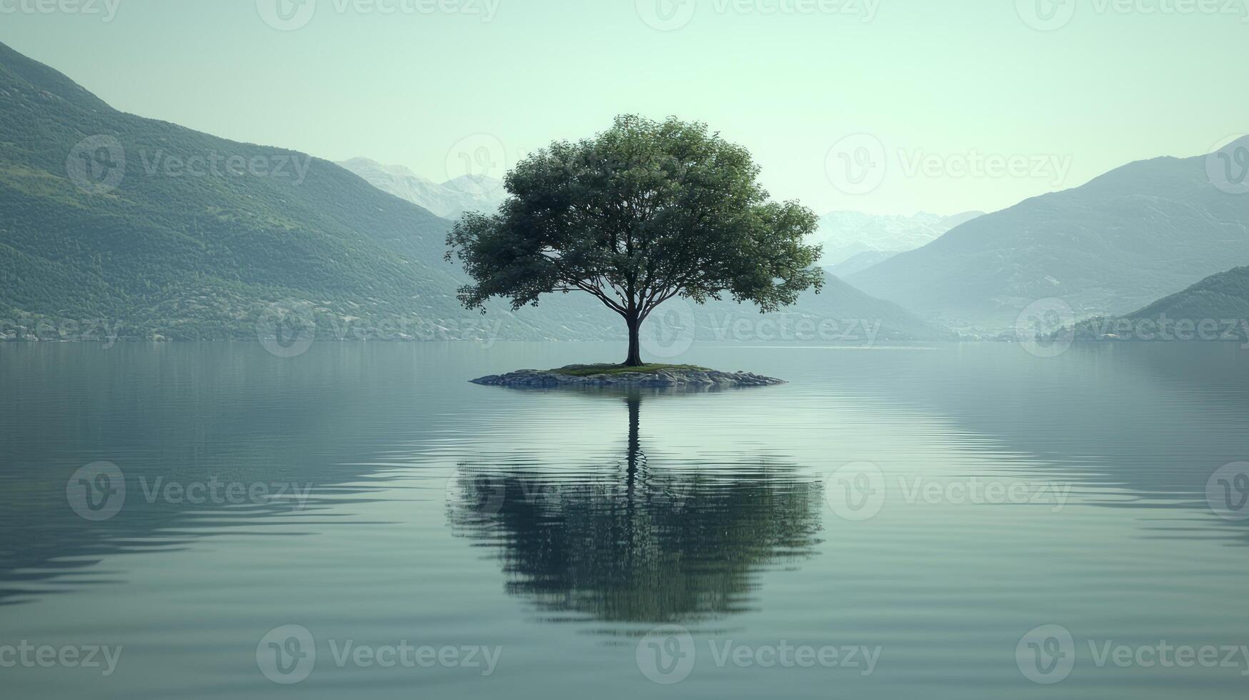 A lone tree is standing on an island in the middle of a lake photo