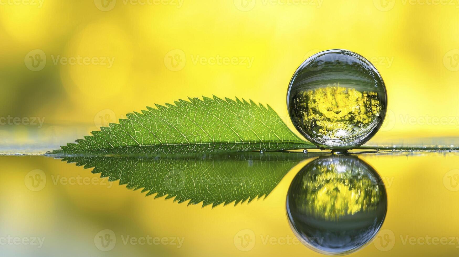 A leaf and a drop of water on a yellow background photo