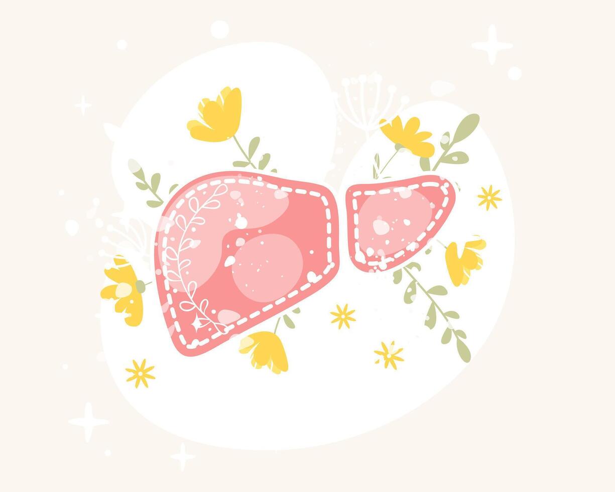Human liver with flowers and leaves. Hand drawn flat cartoon illustration. Healthy floral liver. Hepatitis day concept vector