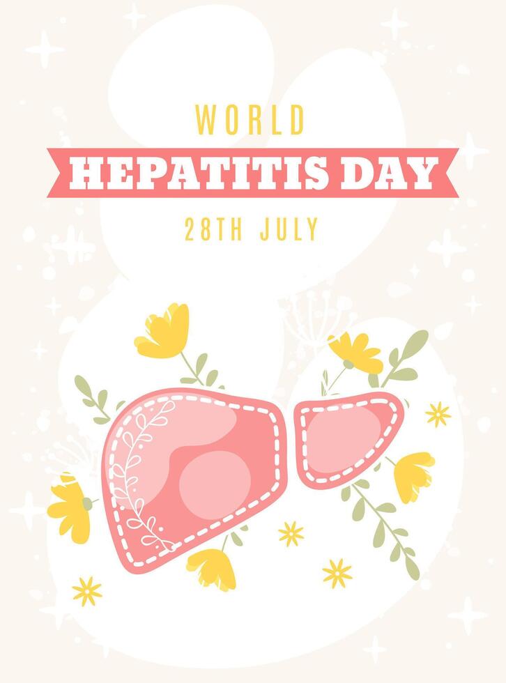 World Hepatitis day on 28th July. Healthy floral liver with flowers and leaves. Hand drawn flat cartoon style. Perfect for vertical poster, banner, card, social media, flyer etc vector