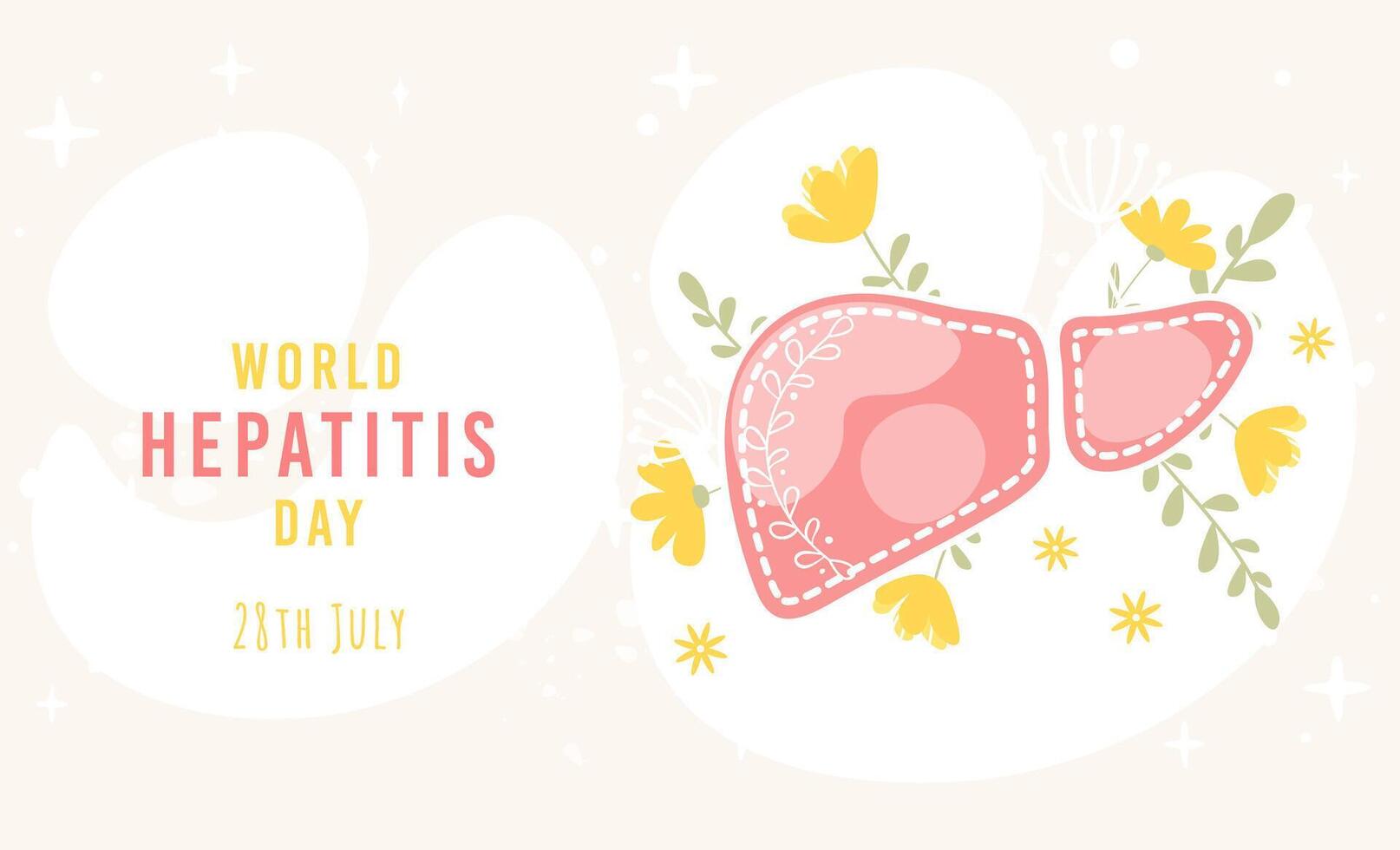 World Hepatitis day banner with floral liver. Hand drawn flat cartoon illustration. Neutral background. Perfect for website, horizontal banner, poster, card, flyer and so on vector
