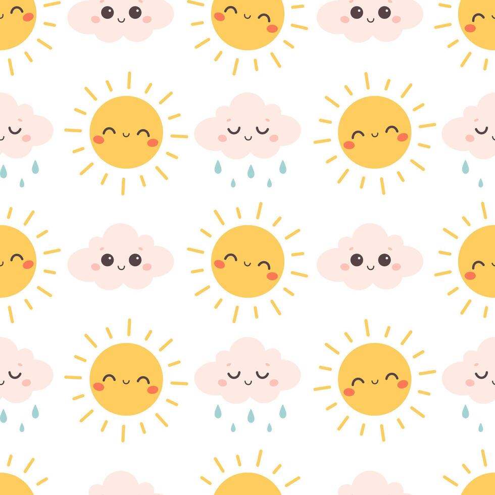 Cute seamless pattern with cloud and sun characters. Printing on textiles, wallpaper, wrapping paper, card vector