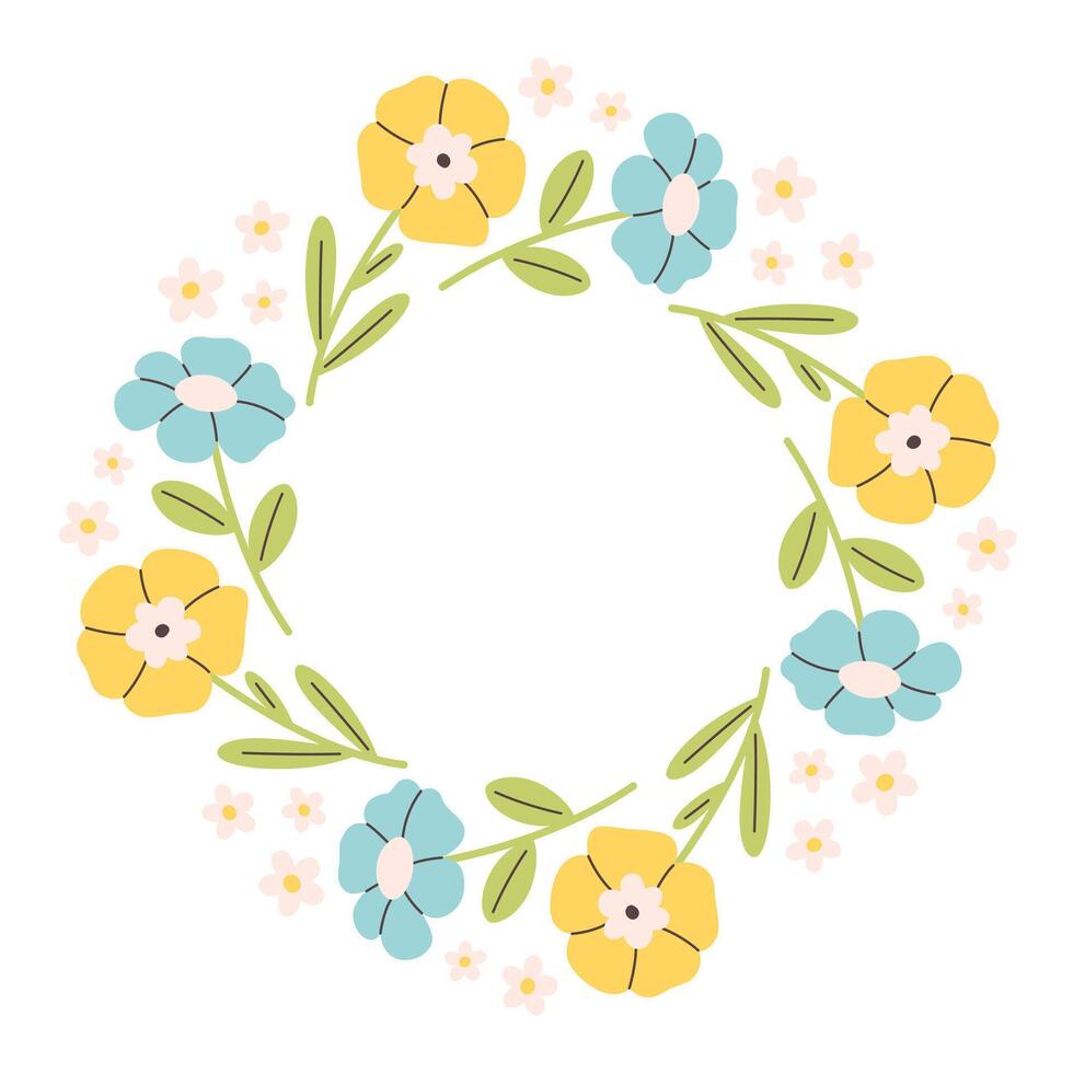 Beautiful floral circle frame. Cute hand drawn spring amd summer flower round frame in doodle style. Circular template. vector