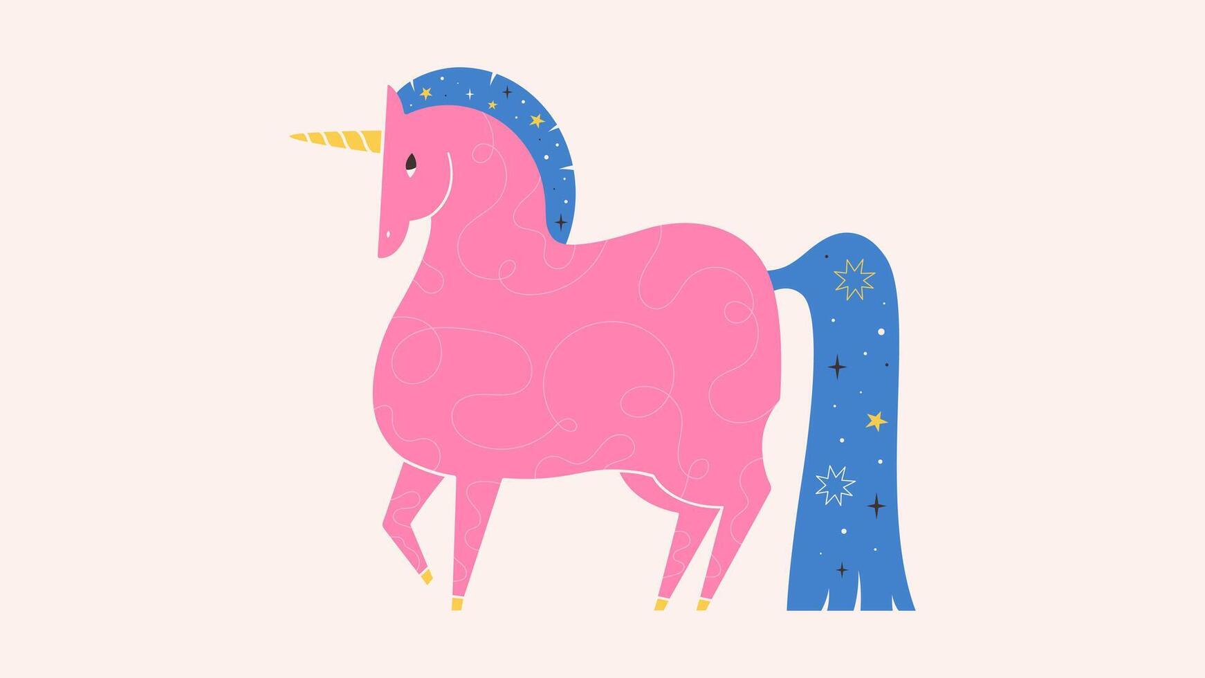 Cute pink unicorn illustration. Fairytale funny whimsical groovy horse. Design for greeting cards, posters, banners. Year of the Horse vector