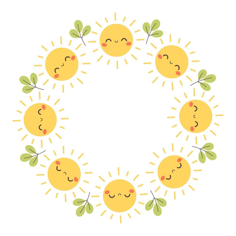 Cute sun characters circle frame. Cute hand drawn round frame in doodle style. Circular template vector