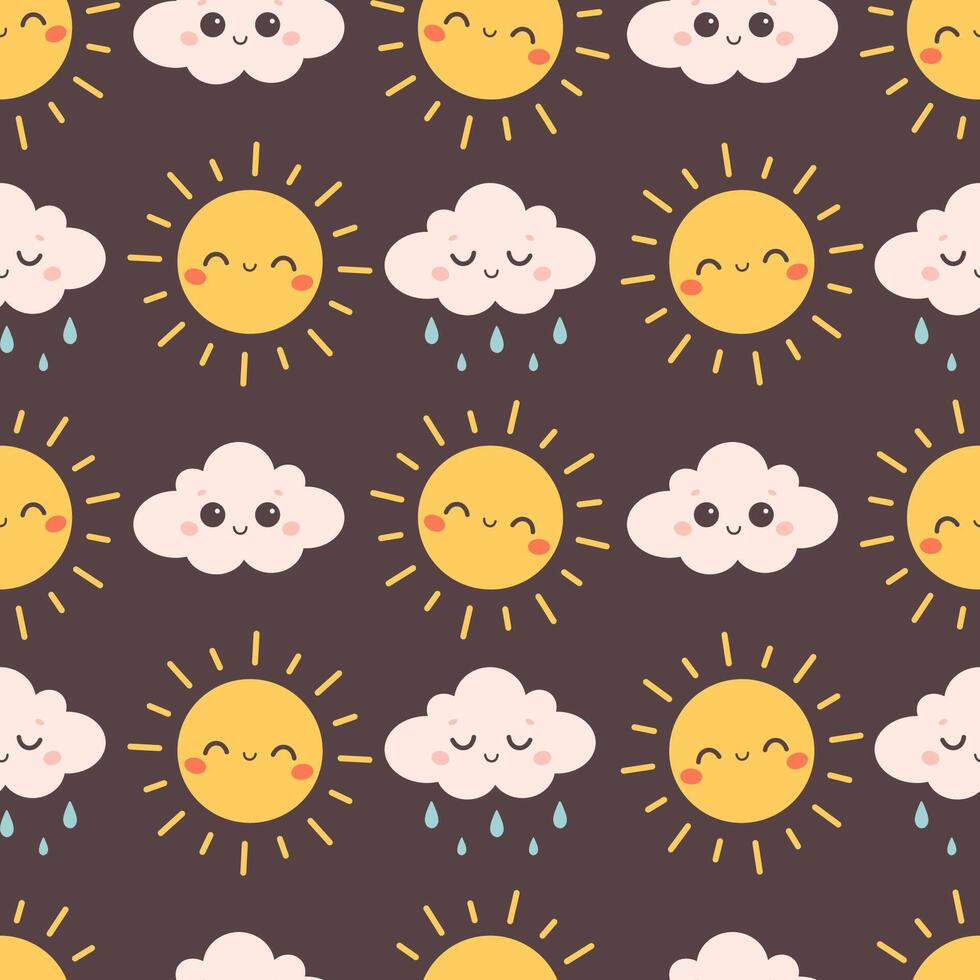 Cute seamless pattern with cloud and sun characters. Design for textiles, wallpaper, wrapping paper. vector