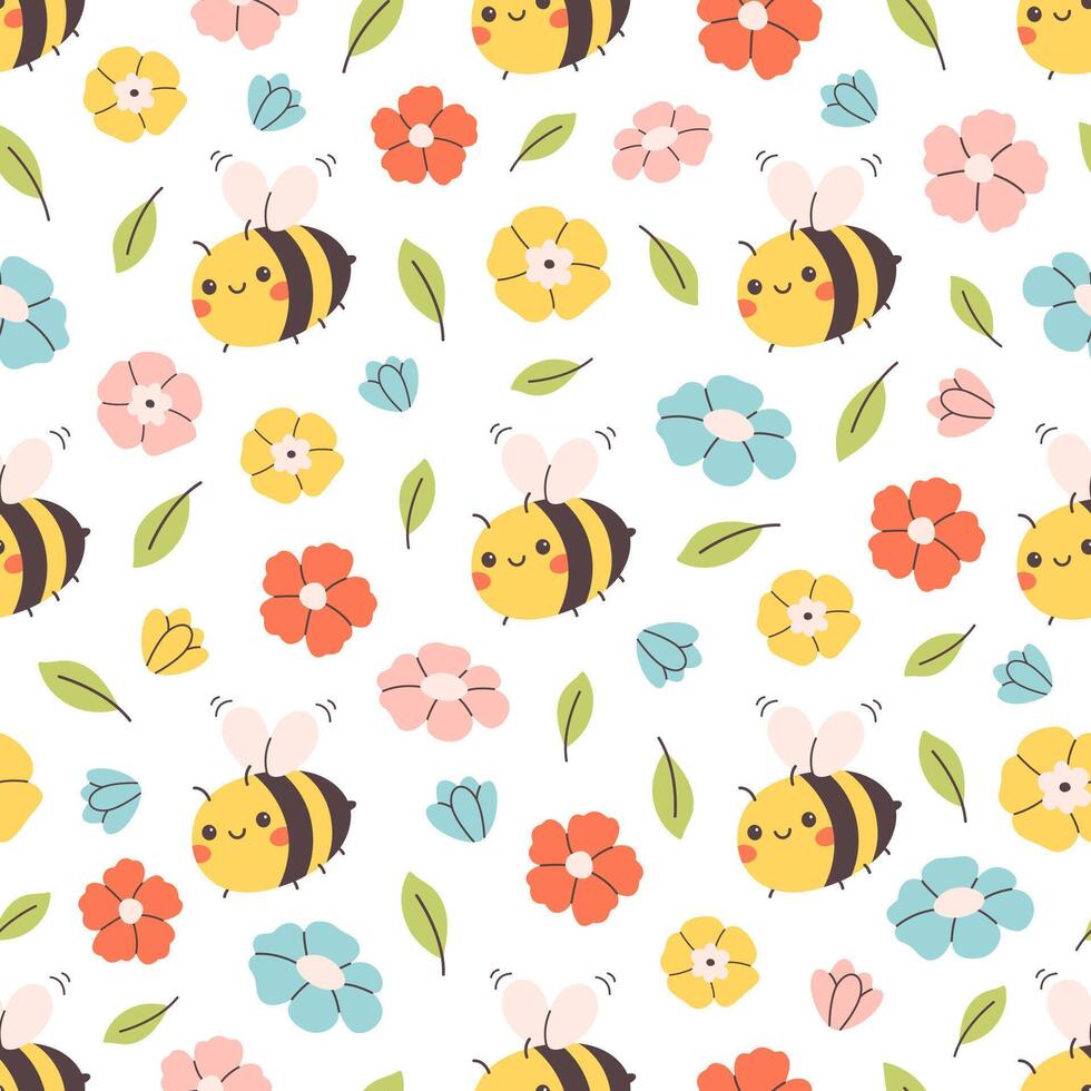 Cute seamless pattern with colorful various flowers and bees. Springtime, summertime. Printing on textiles, wallpaper, wrapping paper. vector