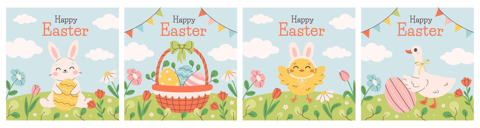 Happy Easter greeting cards with cute chick, bunny, goose and basket with painted eggs on spring meadow. Design for cards, posters, banners vector
