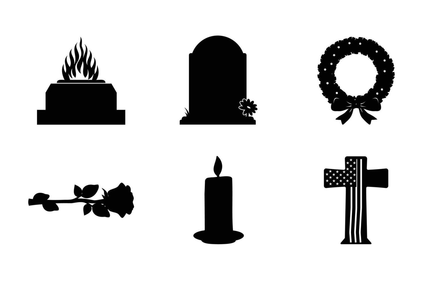 Memorial Day Symbols of Remembrance and Honor Eternal Flame, Gravestone, Wreath, Candle, Rose, and Patriotic Cross vector