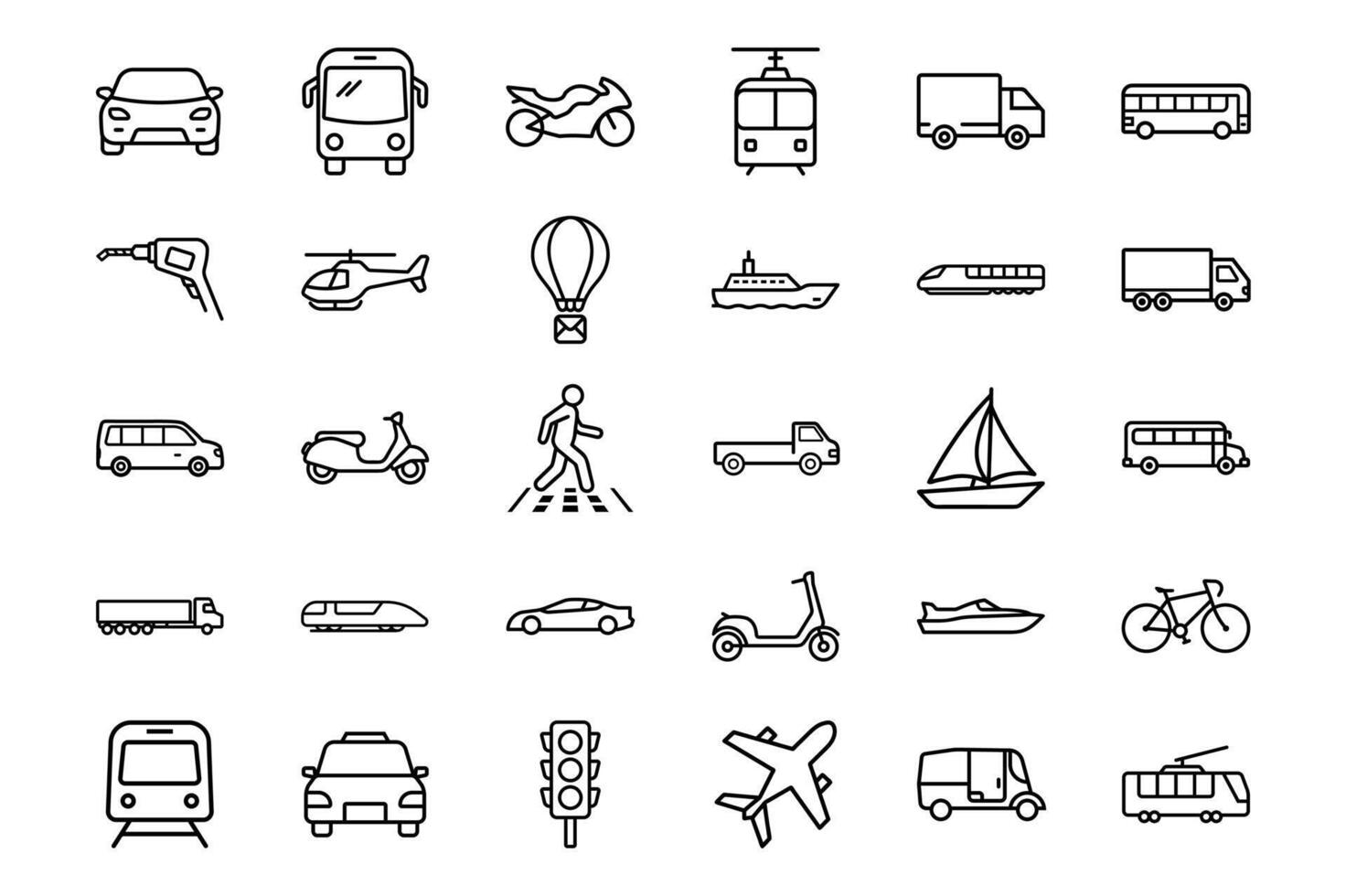 Transportation and Vehicle Icon Set Line Art Symbols of Travel, Transit, and Public Transport vector