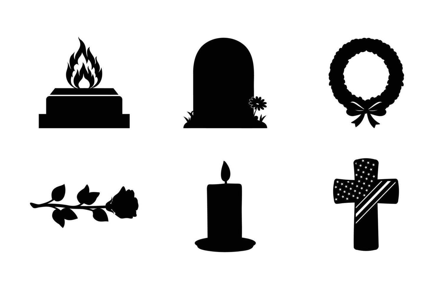 Memorial Day Remembrance and Honor Eternal Flame, Gravestone, Wreath, Candle, Rose, and Patriotic Cross vector