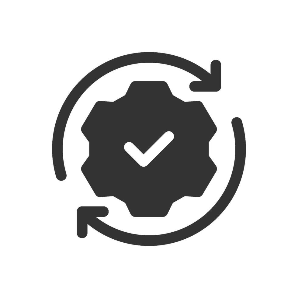 Gear with checkmark surrounded by arrows icon. representing successful process, completion, or workflow vector