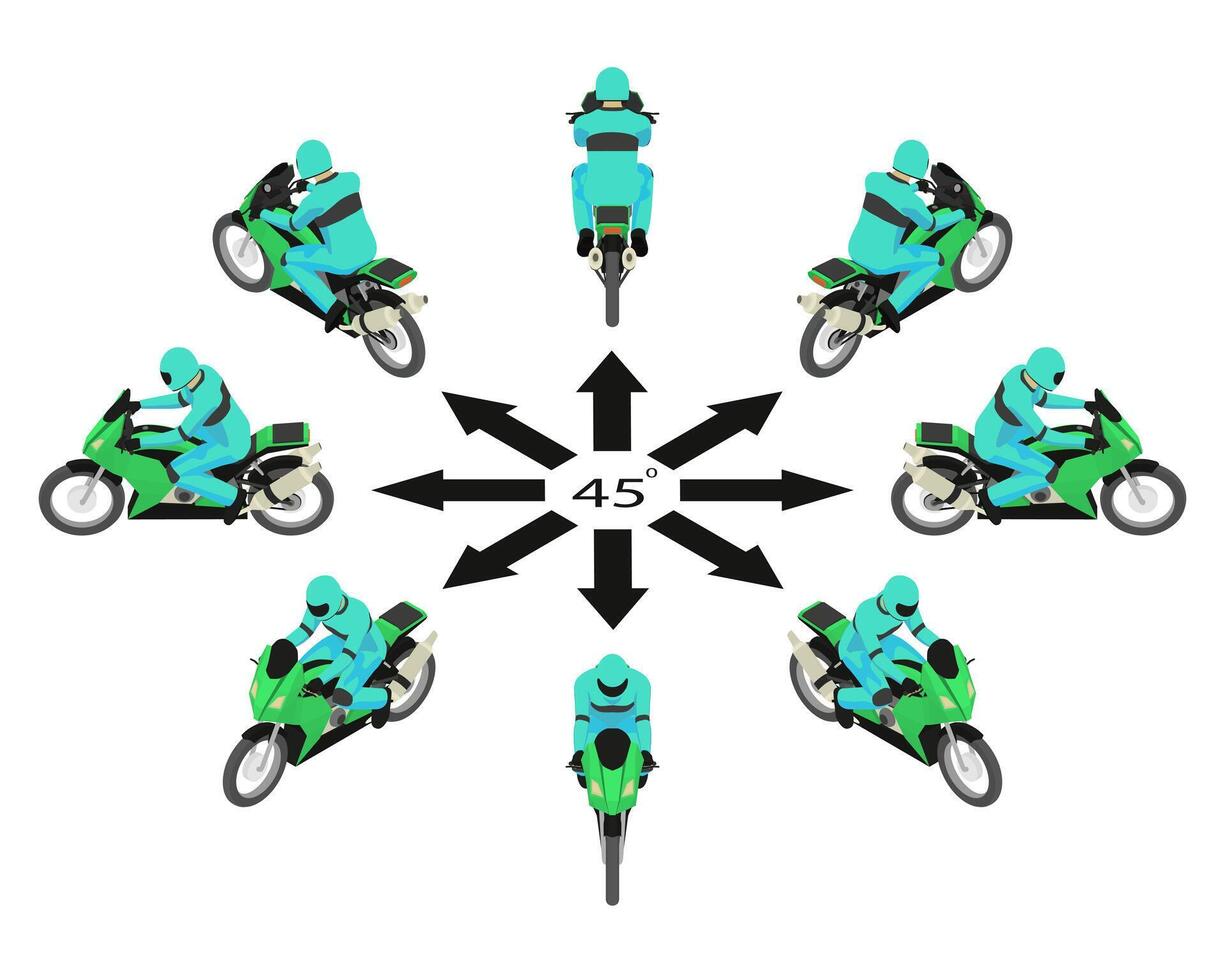 Rotation green motorbike by 45 degrees. vector