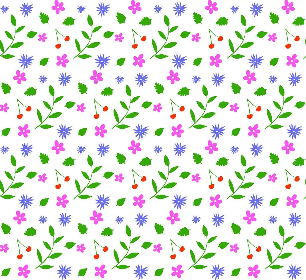 Seamless texture in the form of a small pattern of multi-colored flowers and leaves in doodle style on a white background vector