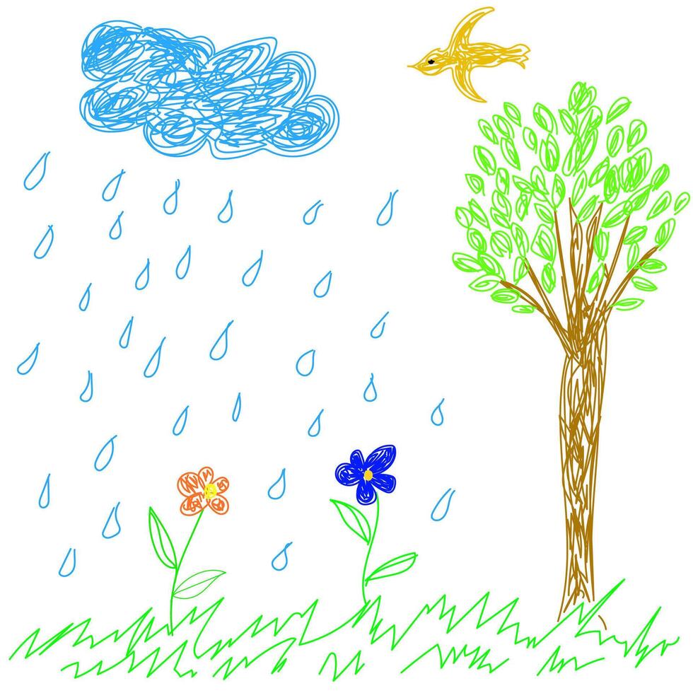 Children's doodle drawing of rain in a forest clearing vector
