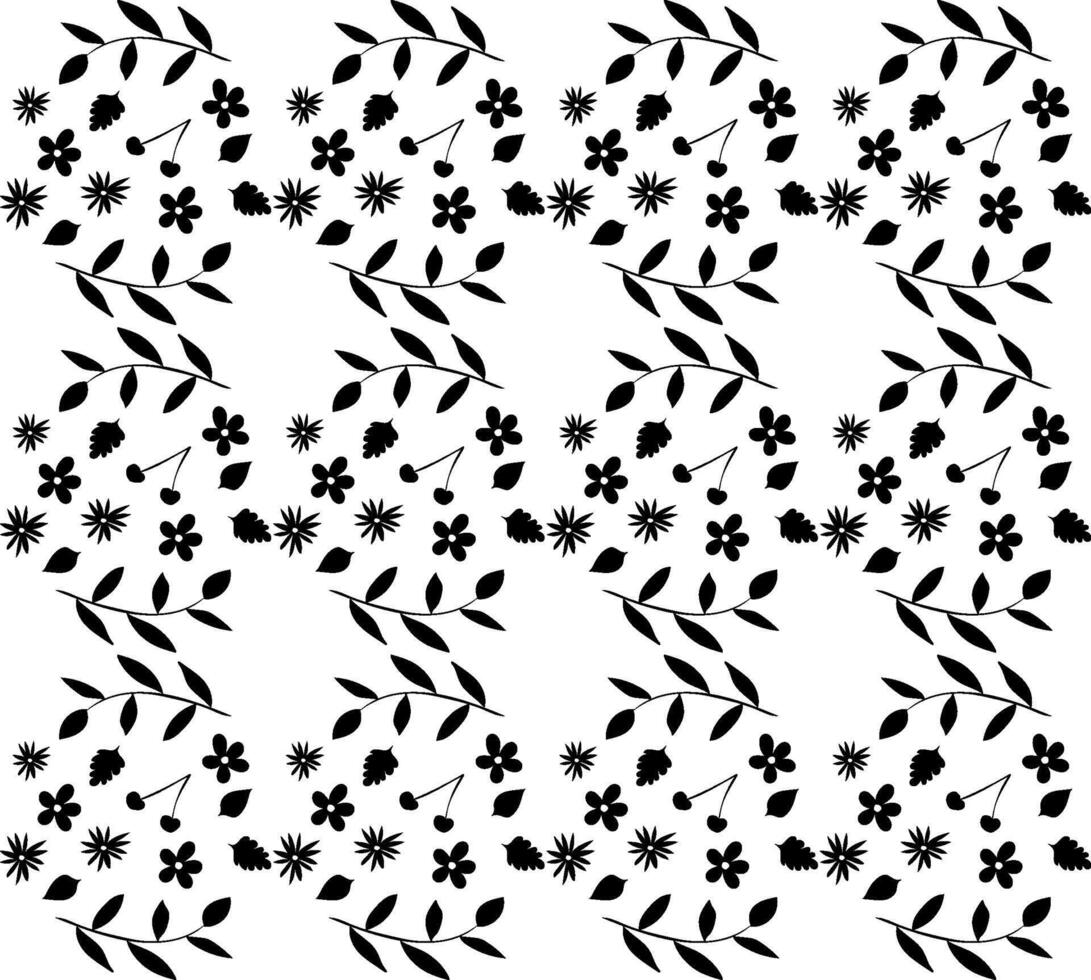 Seamless floral pattern in black on white background, hand drawn in doodle style vector