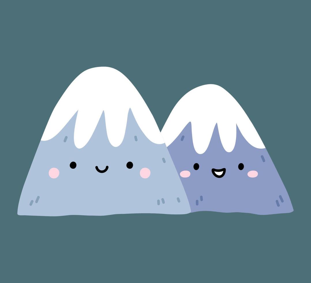 Two cute mountains with a snow-covered peaks. hand-drawn illustration in a flat style. Perfect for decorations, cards, logo, various designs. Kawaii characters. vector
