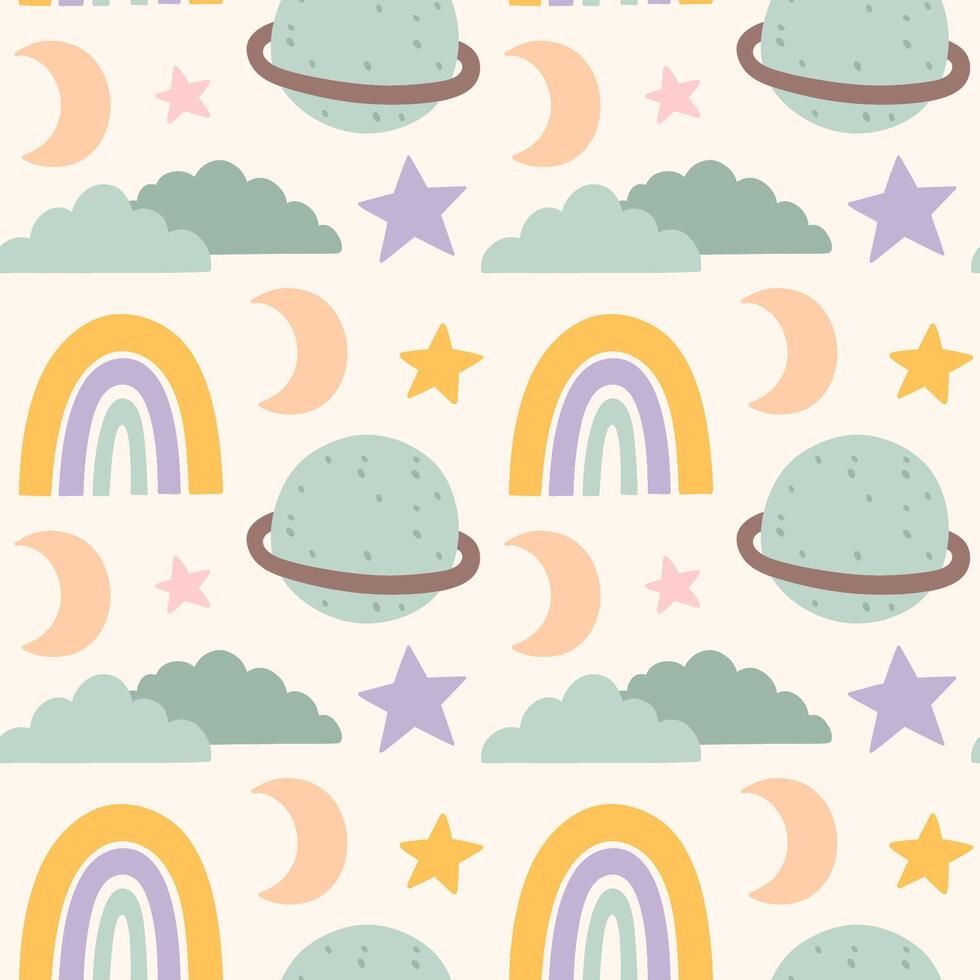 Cute seamless pattern with childish doodles in pastel colors - planets, clouds, stars, rainbow, moon. hand-drawn flat illustration. Perfect for print, wrapping paper, wallpaper, fabric, textile vector