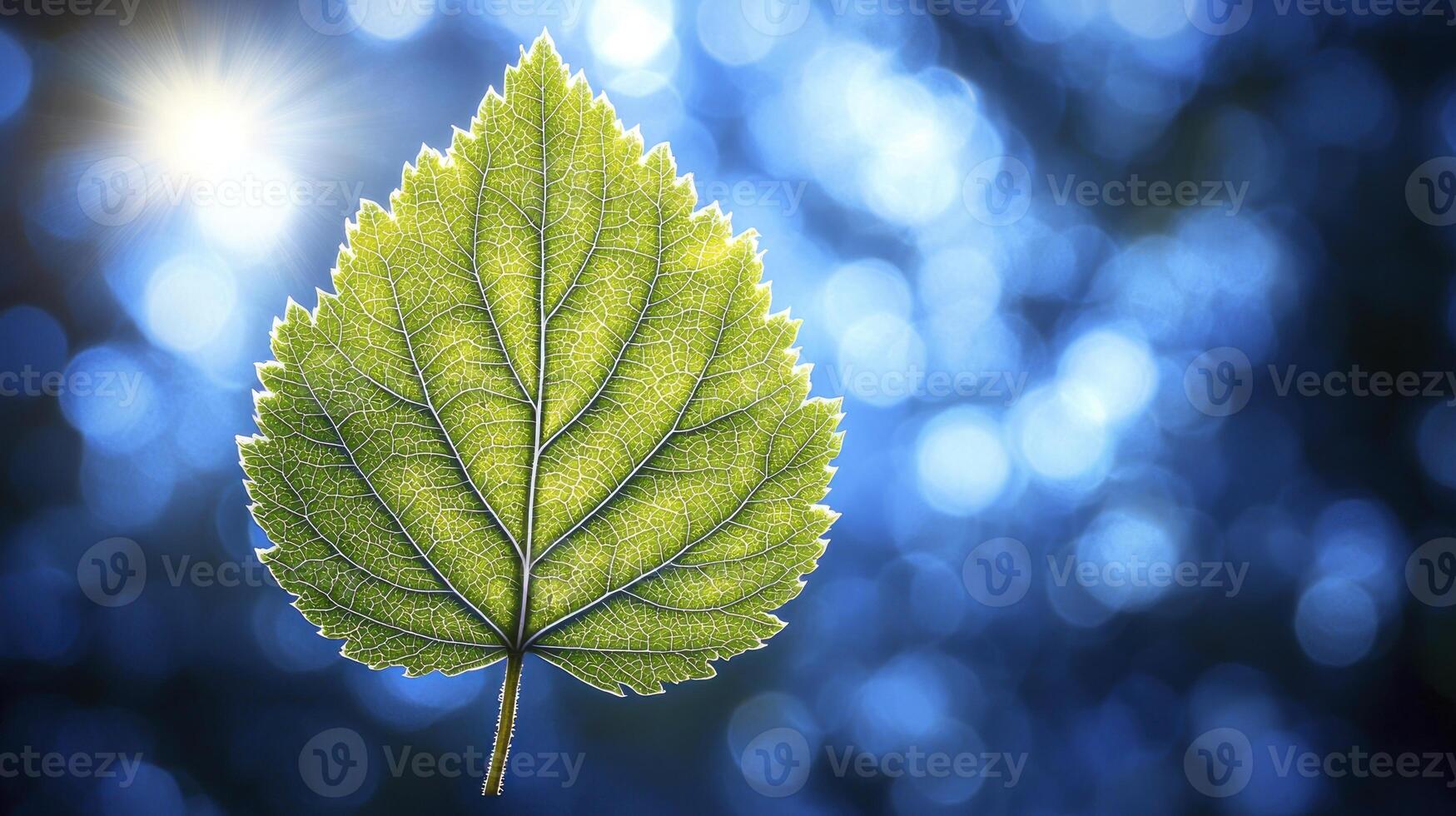 A green leaf is shown in front of a blue background photo
