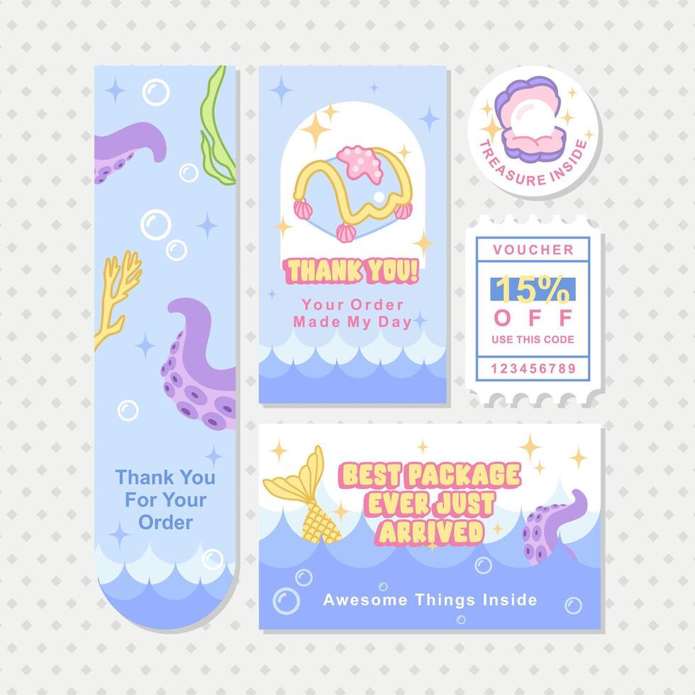 a set of ocean theme of thank you card for package insert kit vector