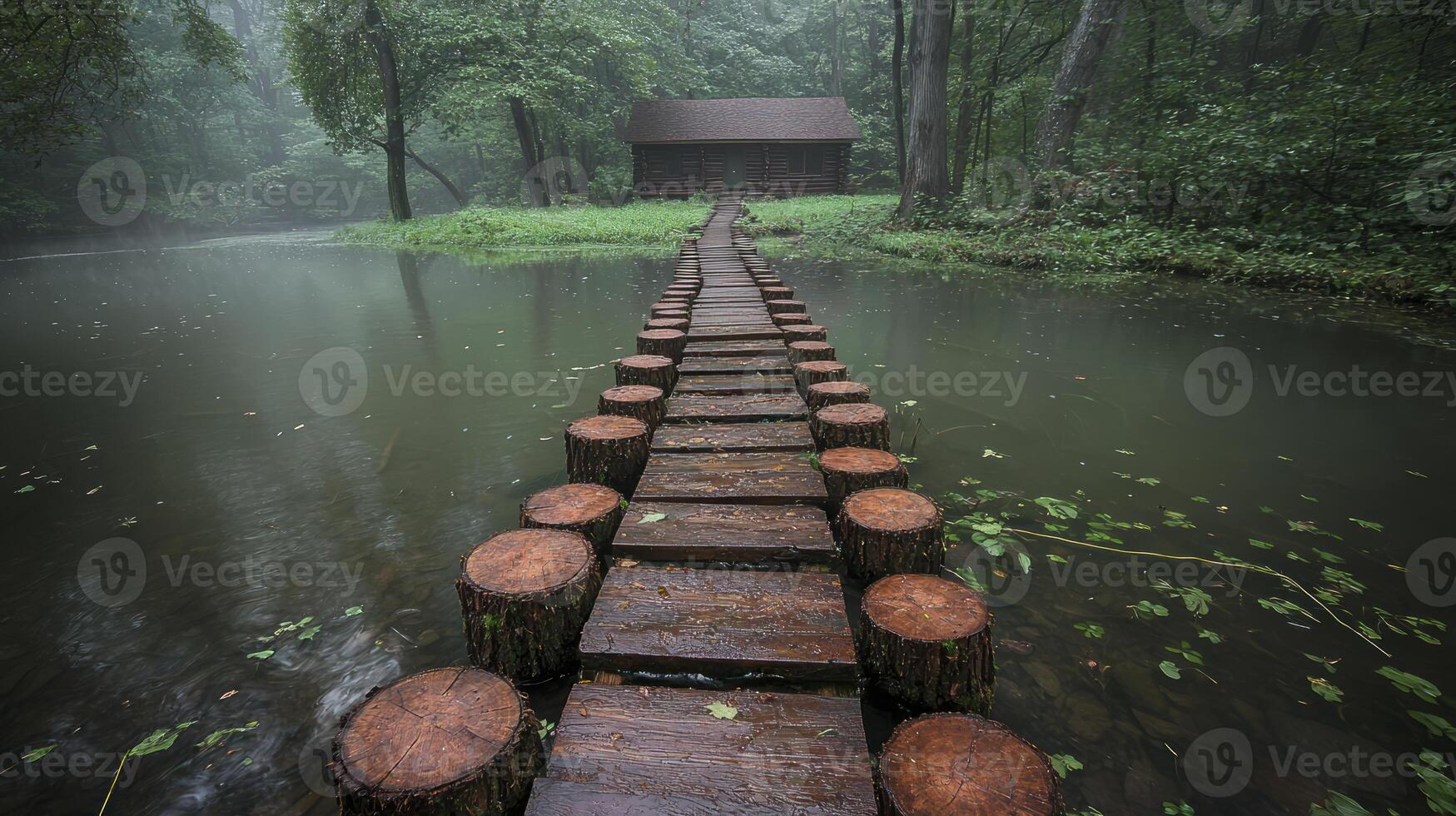 A wooden walkway leads to a cabin in the middle of a lake photo