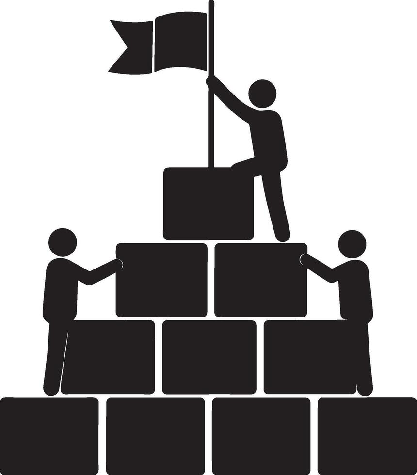 Abstract black and white silhouette showing teamwork and collaboration with figures stacking blocks to achieve success, highlighting ambition, leadership, and effort in an engaging minimalist design. vector