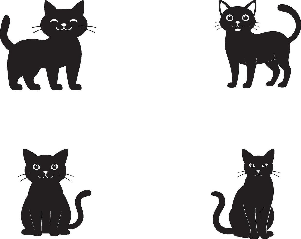 Collection of four charming black cat illustrations featuring adorable expressions and poses, perfect for designs depicting pets, animal themes, or playful and whimsical concepts. vector