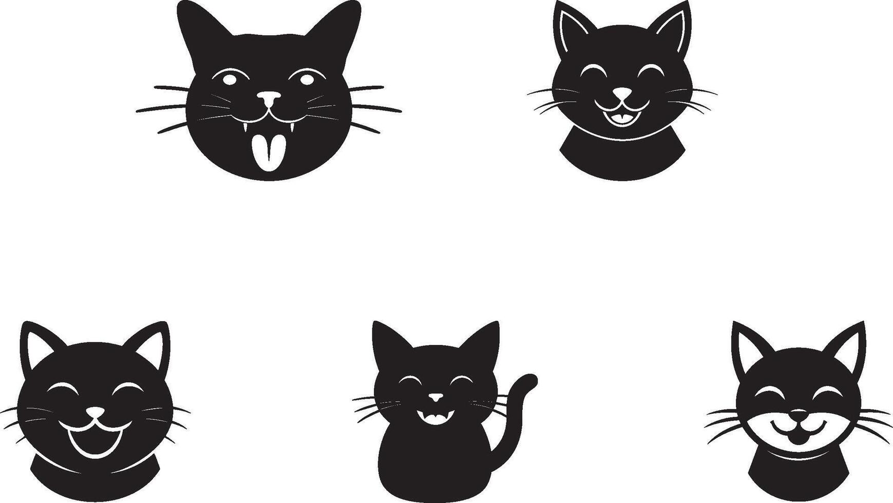 Illustration featuring five adorable black cat faces in various happy expressions, perfect for pet-themed or artistic design projects. vector