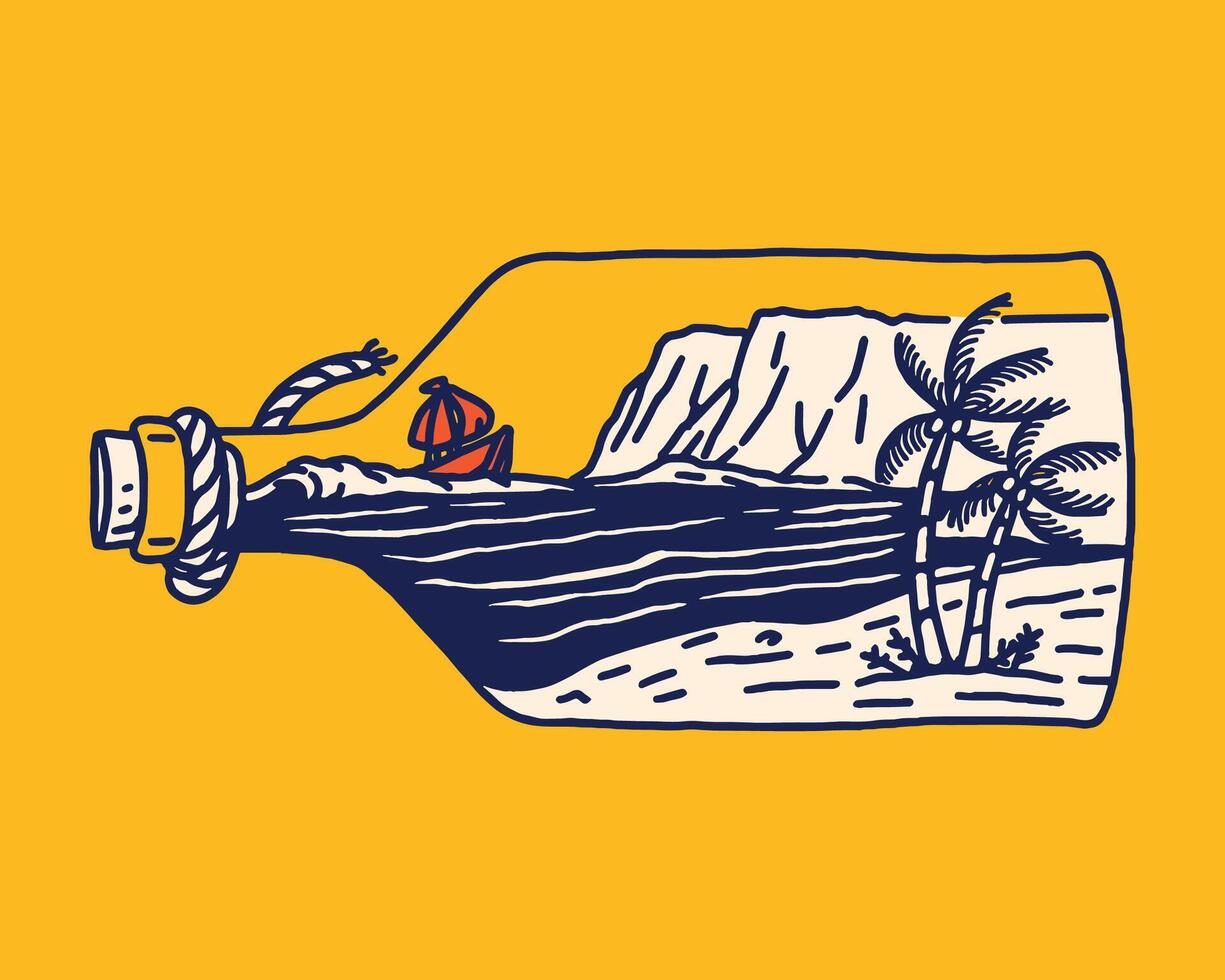 A nautical illustration of a small red sailboat navigating the sea, enclosed inside a bottle with a mountain, palm trees, and shoreline in the background. vector