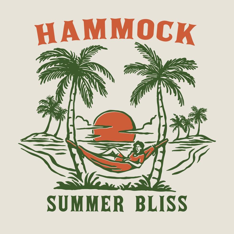 A tropical beach illustration of a hammock stretched between palm trees with a glowing sunset in the background, evoking summer relaxation and vacation vibes. vector