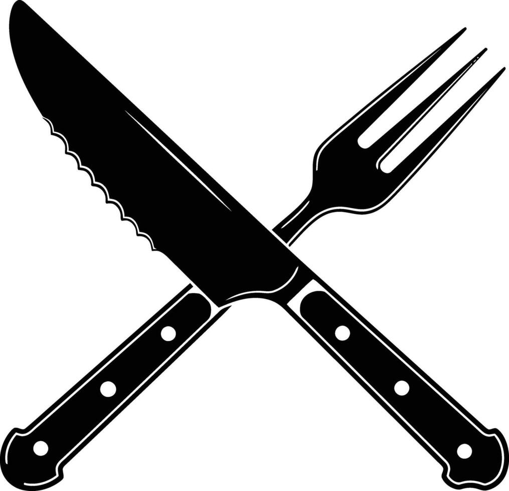 black silhouette of crossed steak knife and fork for menus vector