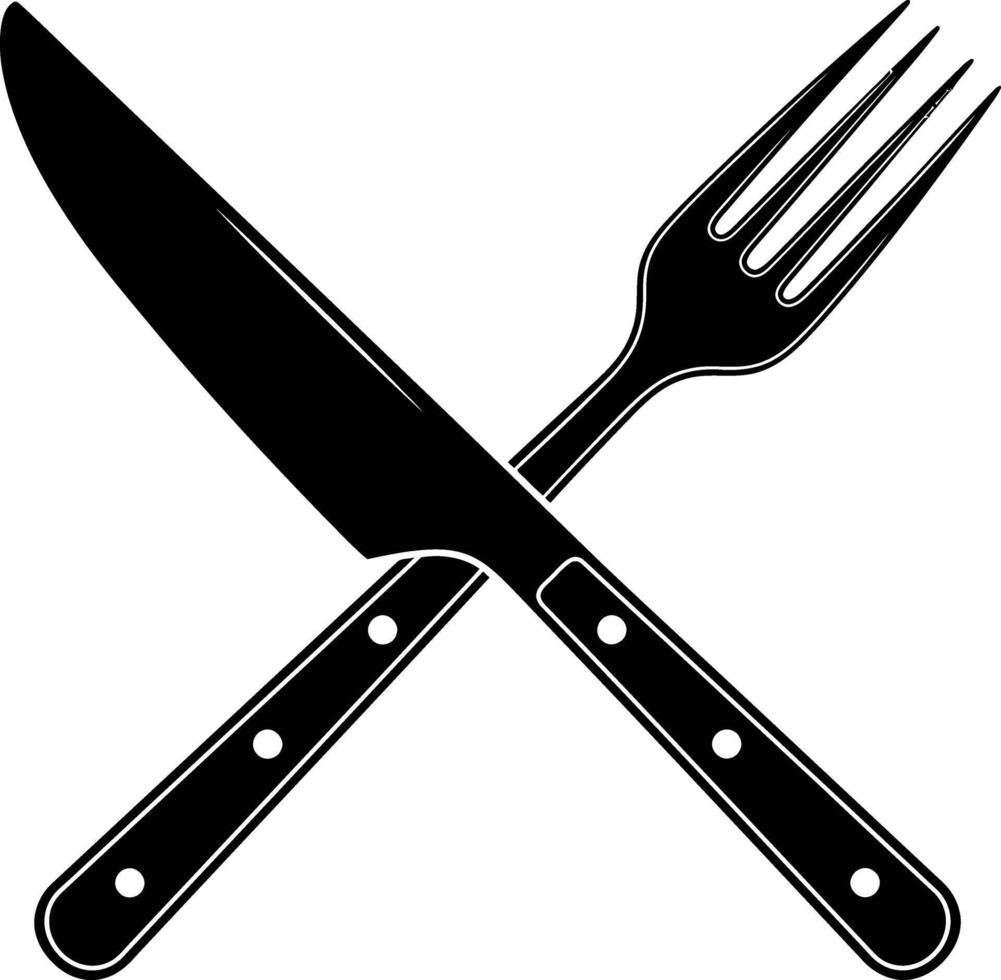 minimal steak knife and fork silhouette crossed for kitchen use vector