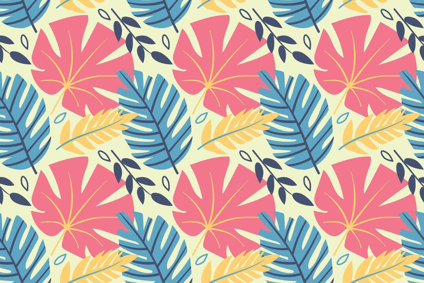 A bright pattern with tropical leaves on two backgrounds, yellow and transporant. Pink, blue, dark green pastel colors. For textiles, flyers, postcards. vector