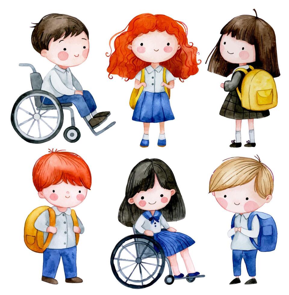 watercolor illustration, cute schoolchildren. back to school, diversity vector