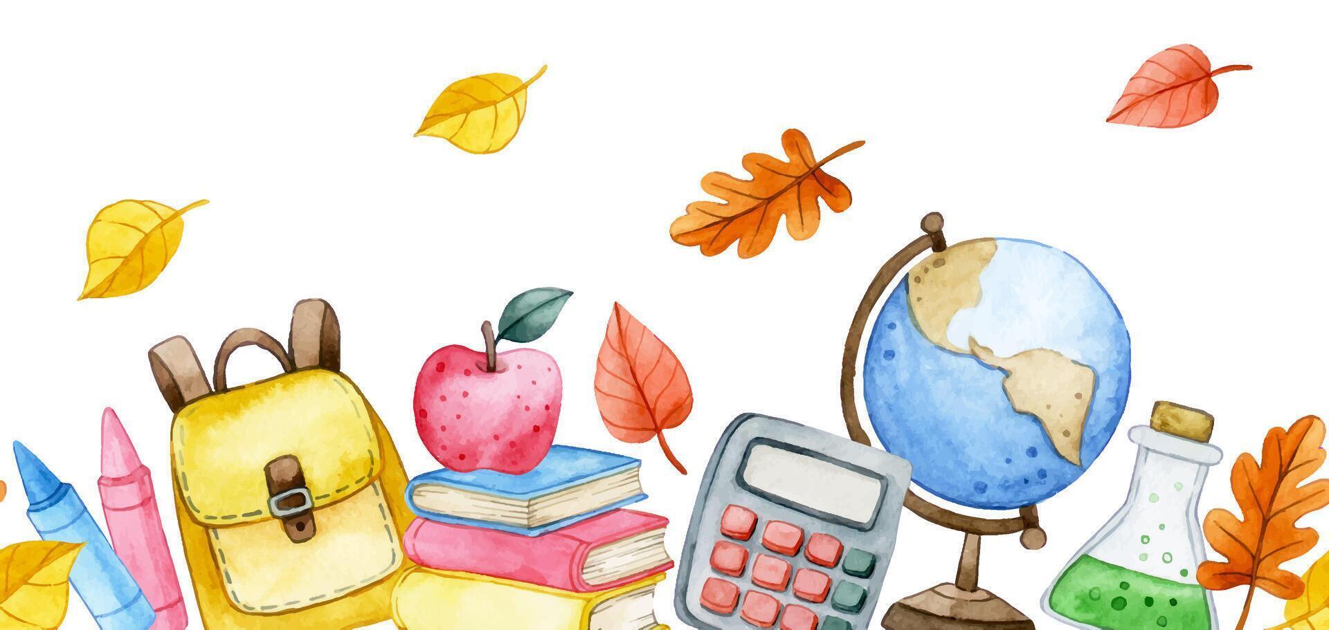 watercolor seamless border with school supplies. frame for the holiday back to school vector