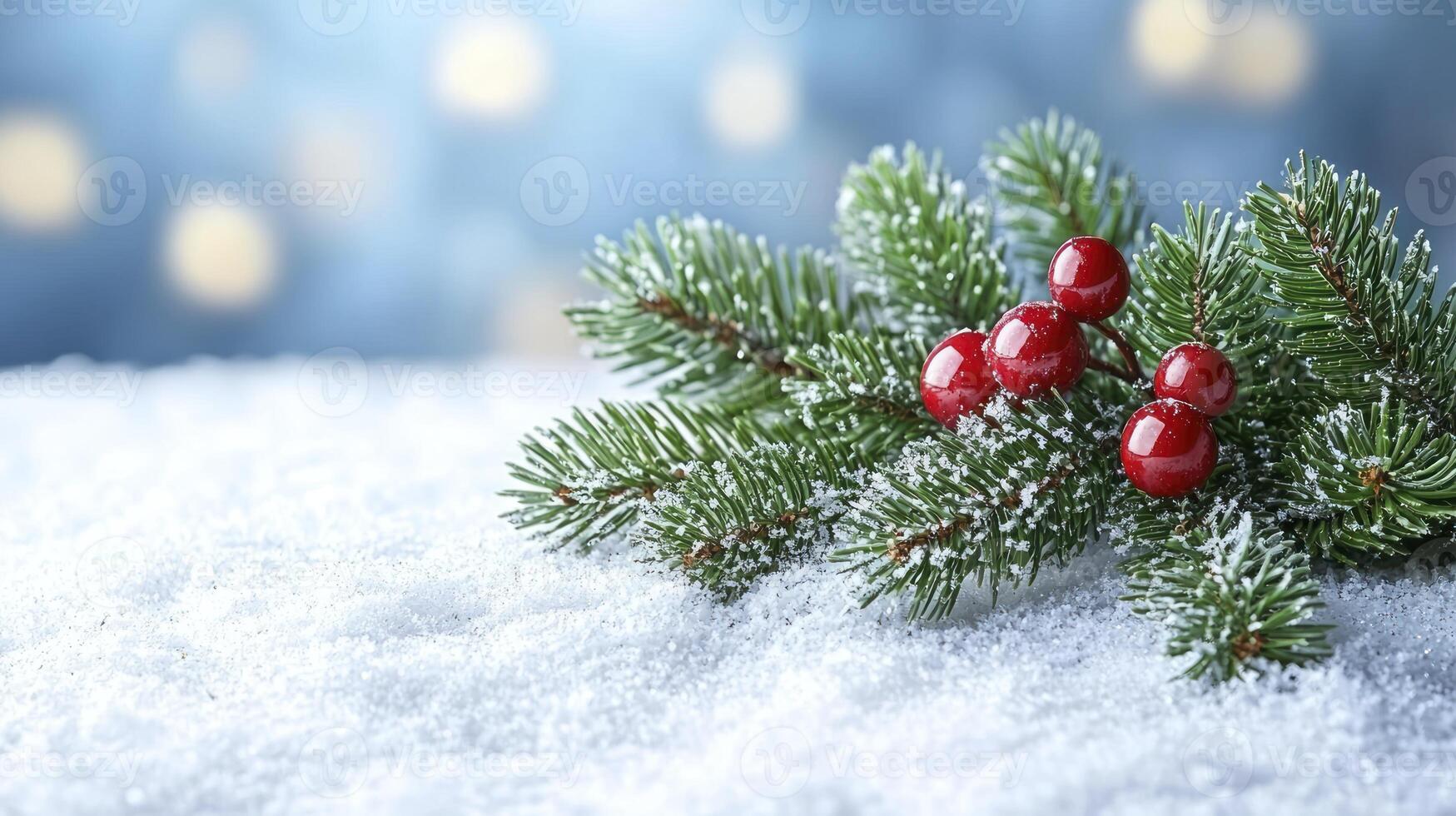 Christmas background with snow and red berries photo