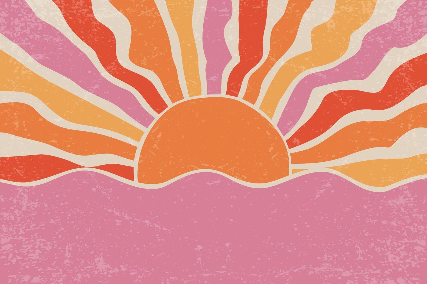 Retro sunset background with radial rays and sea waves. Textured 70s abstract summer poster. Modern trendy grunge design with orange and pink beams. vector