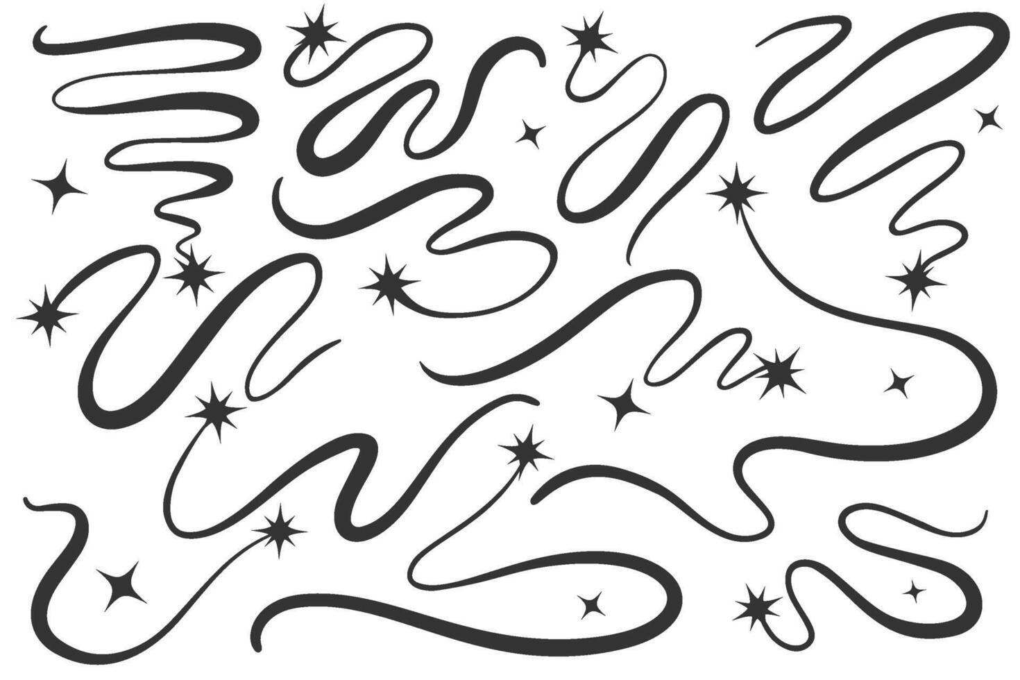 Swirl lines with stars. Curved elegant flourishes tails of comets. Decorative scrolls and strokes on white background. Wavy swishes with falling and flying sparkles. vector