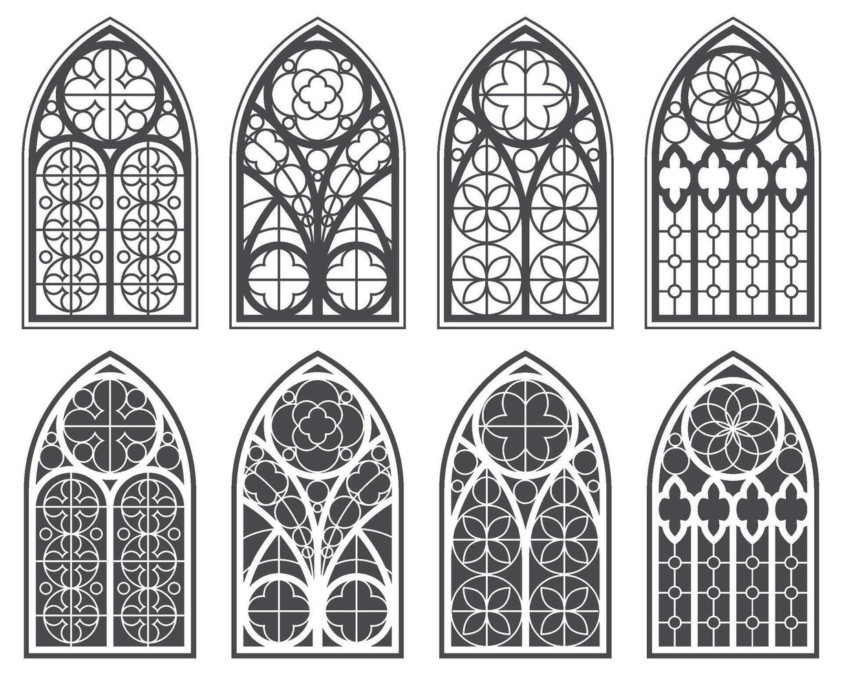 Gothic church windows with arched frames and stained glass. Medieval silhouettes of vintage cathedral architecture decorations and geometric ornaments. Christian chapel interior vector