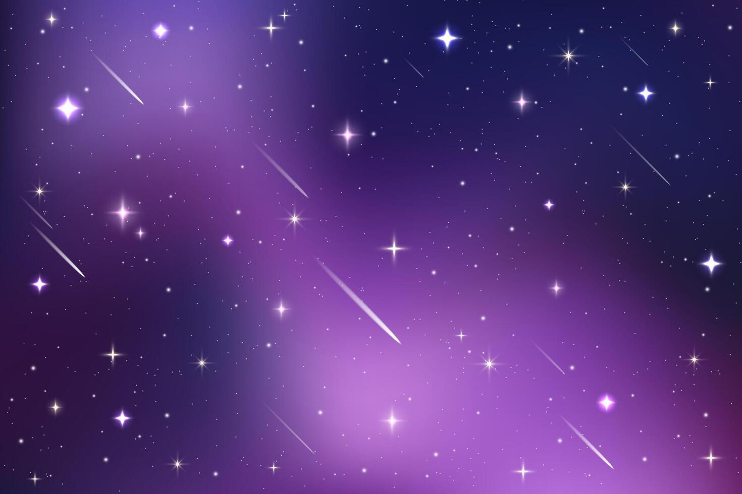 Starry night sky. Dark purple space. Magic universe illustration. Abstract winter gradient with sparkles and comets. Bright cosmic wallpaper with glitter. Outer space realistic backdrop vector