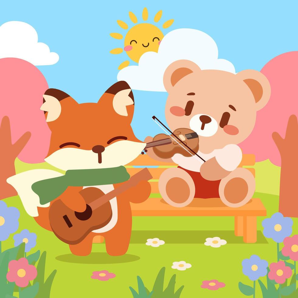 Cute Fox and Bear Playing Guitar and Violin. Adorable Animal Friends Making Music in Spring Garden. Kawaii Bear and Fox Playing Instruments Outdoors. vector
