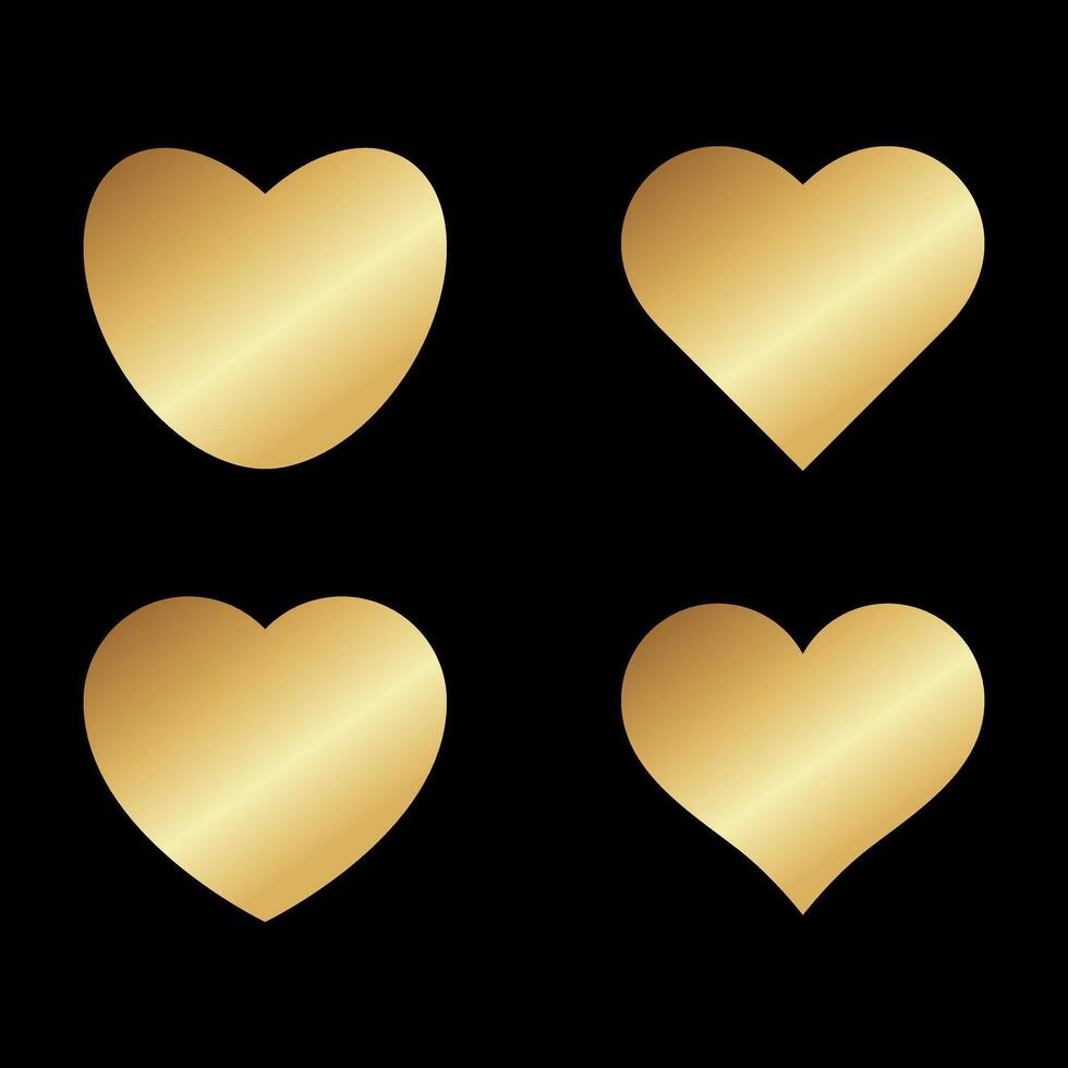 Set of golden hearts shiny gold heart shapes collection on black background vector