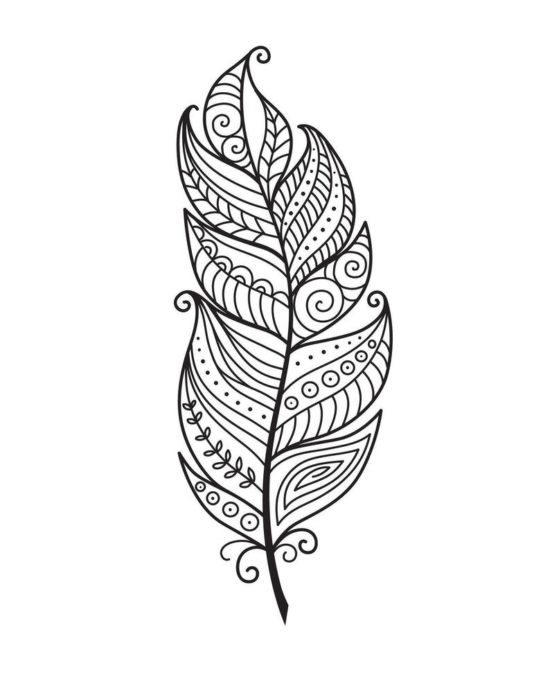 Decorative doodle feather hand drawn black outline on white background vector